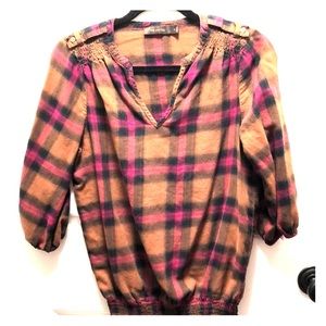 Pink and Brown Flannel Top with Cinched Waist